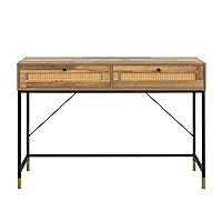 GIA Home Furniture Series Mid Century Console Table Rattan Crafted Drawers,Wood Computer Desk Installed,Salmon Oak Finishing, Black Metal Leg