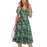 Women's Elegant Criss-Cross V Neck Vintage Short Sleeve Work Casual Fit and Flare Tea Dress with Pockets 980