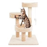 Cat Tree - 3-Tier Tall Cat Tower Condo with 2 Napping Perches, Sisal Rope Scratching Post, Hanging Mouse and Interactive Wheel Toy by PETMAKER (Beige), 27.5