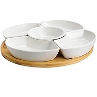 Elama Ceramic Stoneware Condiment Appetizer Set, 6 Piece, Compartment Round in White and Natural Bamboo