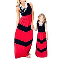 Mommy and Me Sleeveless Maxi Dress Crew Neck Chevron Stripe Dress Summer Boho Maxi Dress