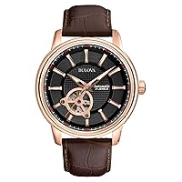 Bulova Men's Classic 3-Hand Automatic Leather Strap Watch, 21-Jewels, Hack Feature, Luminous Hands and Markers,Open Aperture and Exhibition Case Back