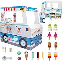 Ice Cream Truck Wooden Playset, 20 Fun Toy Pieces Including Freezer, Steering Wheel, Sink & Sticker Sheet for Kids Name, Includes Popsicles, Cones, Scooper & More, Play Stand for Indoor Fun, Ages 3+