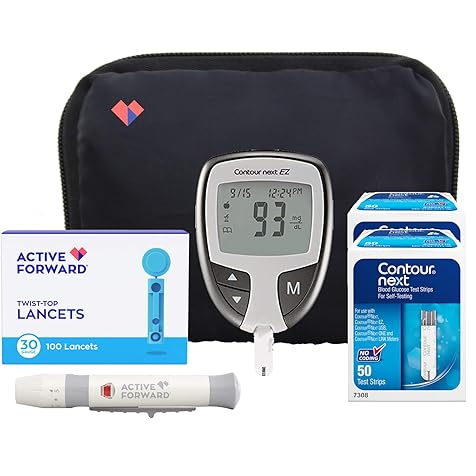 Contour Next EZ Diabetes Testing Kit, Contour Next EZ Blood Glucose Meter, 100 Contour Next Blood Glucose Test Strips, 100 Lancets, Lancing Device, Log Book and Carry Case