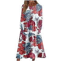 Trendy Long Sleeve Dress for Women Casual Plus Size Fall Winter Midi Dress Elegant Vintage Floral Ruched Flowy Dress