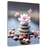 LB Zen Spa Wall Art Pink Floral with Butterfly Canvas Wall Art for Bathroom Balance Stone Wood Framed Painting Prints Wall Decor for Living Room Bedroom Dorm,16Wx24L inches