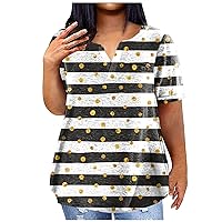 Women's Large T-Shirt Summer Casual Print V-Neck Short Sleeve Pocket Top Basic Shirts