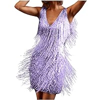 Womens Sequined Mini Dress Sleeveless Sexy Tassels deep v Neck Party Clubwear Cocktail Gown