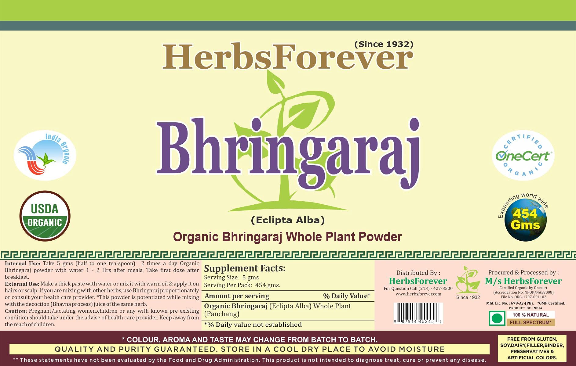 HerbsForever Organic Bhringaraj Powder(Ayurvedic Hair Care herb (Eclipta Alba) USDA Certified,100% Natural Hair Conditioner,for Hair Growth, nourishes Hair follicles,16 Oz,454 GMS,2X(Optimum Potency)