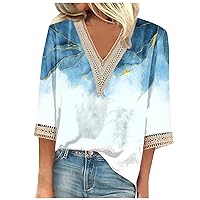 Womens Summer Tops 2023 3/4 Sleeve Sexy V Neck Floral Print Blouse Casual Loose Tunic Shirts Vintage Graphic Tee