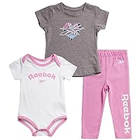 Reebok Baby Girls Clothing Set - 3 Piece Bodysuit, T-Shirt, Leggings Set - Newborn Essentials Clothing for Infants (0-9M)