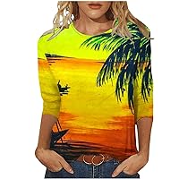 Hawaiian Shirts for Women 3/4 Sleeve Tropical Palm Tree Print Tops Sunset Beach Blouse Sunny Lover Gift T-Shirt