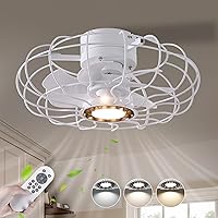 Small Farmhouse Ceiling Fan with Light and Remote, 15in White Caged Fandiliers with Lights for Kitchen, Bedroom（6 Speed, Timing）