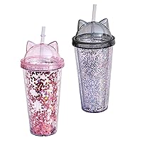 Cups Water bottle cups with straw water cup Double layer water cup water for drinking with cat ear for a girl 2 pieces 400-500ml gray
