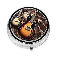 Music Guitar Print Pill Box Round Pill Case 3 Compartment Portable Pill Organizer Mini Metal Pill Container for Vitamins Medication Supplements Purse Pocket Travel