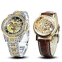 Golden Retro Vintage Skeleton Automatic Men's Watch with Engraving Metal Band Classic Hand Wind Mechanical Wristwatch with Spare Genuine Leather Band in Gift Set