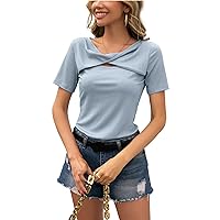 Summer Womens Cutout Front Tops Short Sleeve T-Shirts Cold Shoulder Ribbed Knit T-Shirt Wrap Slim Fit Tee Shirts