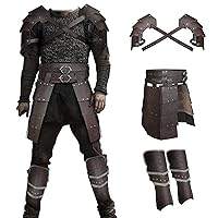 HiiFeuer Medieval Double Pauldron with Wide Belt Thigh Armor and Barbarian Leg Gaiters, Vintage Mercenary Faux Leather Costume