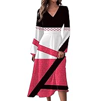 Summer Dresses for Women 2024 V-Neck Summer Flowy Causal Dresses Striped Print Loose Vintage Long Sleeve Dress