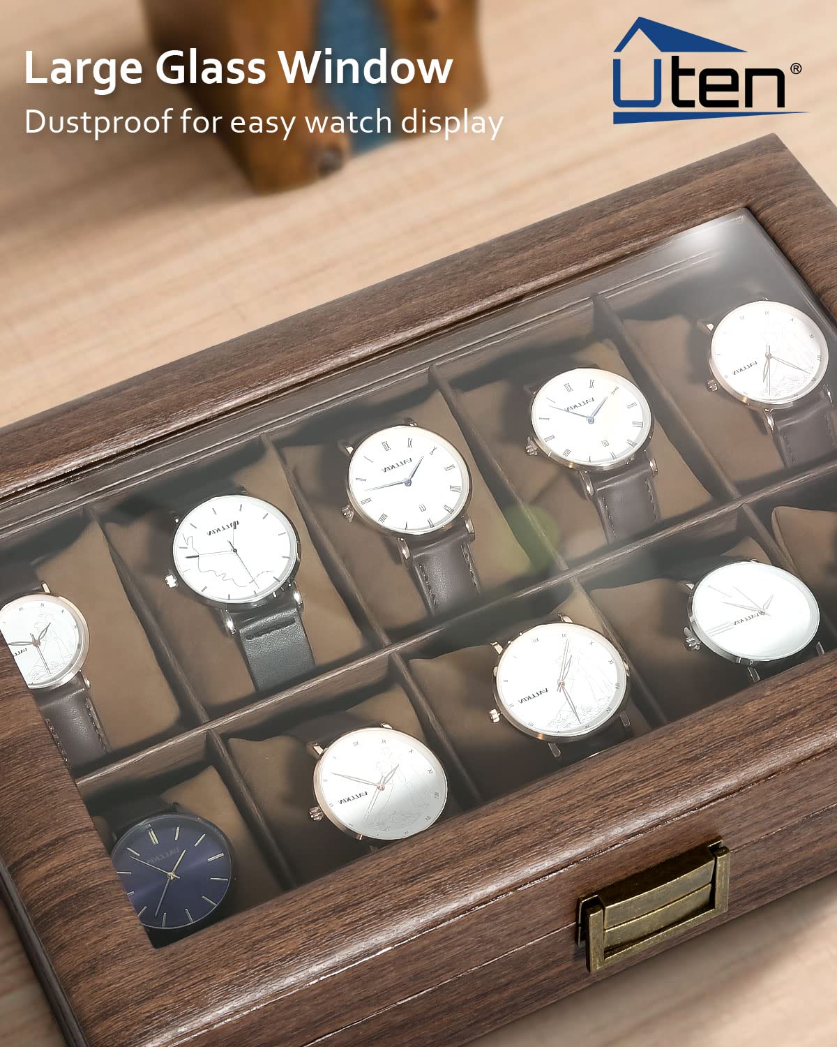 Uten 10 Slots Watch Box, Watch Case Organizer with Real Glass Lid, Wood Grain PU Leather Watch Display Storage Box with Removable Imitation Suede Watch Pillows, Metal Clasp, Gift for Men and Women