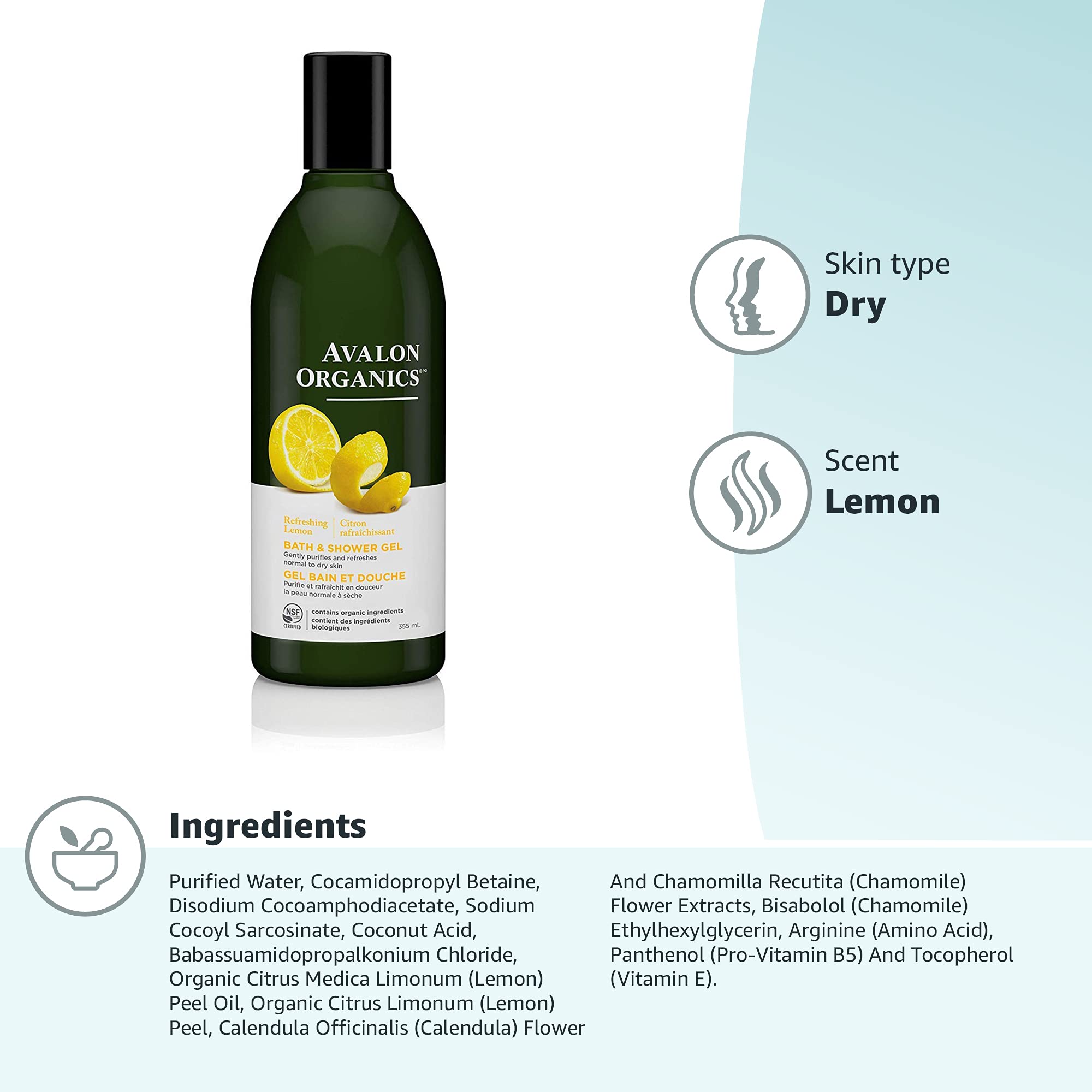 Avalon Organics Bath & Shower Gel, Refreshing Lemon, 12 Oz