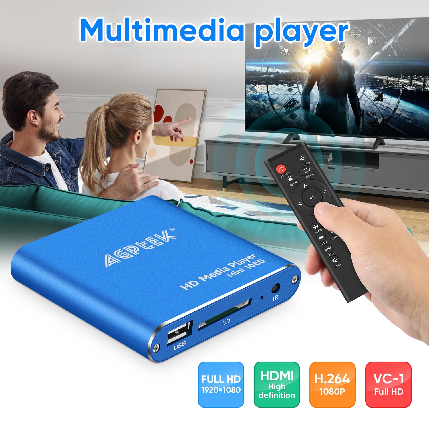 HDMI Media Player with One More Remote Control, Blue Mini 1080p Full-HD Ultra HDMI MP4 Player for -MKV/RM/ MP4 / AVI etc- HDD USB Flash Drive/HDD and SD Card