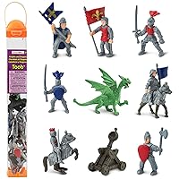 Safari Ltd. Knights & Dragons Toob - Set of 10 Mini Figurines: Red & Blue Kingdom Knights, Catapult, and Green Dragon - History Learning Toy Figures for Boys, Girls & Kids Ages 3+