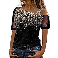 Women Summer Off Shoulder Sparkly Sequin Tshirt Tops Casual Trendy Tunic Tees Sexy Short Sleeve Comfy Loose Blouses