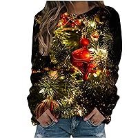 Womens Christmas Sweatshirt Round Neck Tops Fashion Loose Fit Dressy T-Shirts Xmas Tree Printed Long Sleeve Blouses