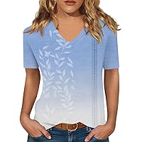 V Neck T Shirts for Women, Workout Outfits for Women Elegant Tops for Women Ladies Short Sleeve Dressy Tshirt Printed Casual Tops Plus Size Fashion Blouse Daily V-Neck Women's (Blue,3X-Large)