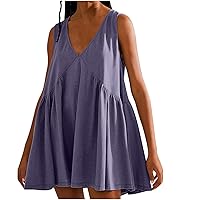 Summer Sleeveless Mini Dress for Women Casual Loose V Neck Sundress Swing Flowy Beach Dress Pleated Dresses (XX-Large, Purple)
