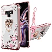 KuDiNi for Note 9 Phone Case,Galaxy Note 9 Case for Women Glitter Crystal Soft Bling Butterfly Heart Floral Clear Protective Cover with Kickstand+Strap for Samsung Note 9 (Rose Gold)
