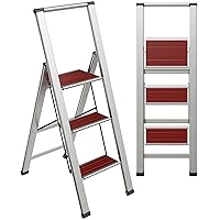 Step Ladder 3 Step Folding, Decorative - Beautiful Mahogany & Silver Aluminum, Ultra Slim Profile, Anti Slip Steps, Sturdy-Portable for Home, Office, Kitchen, Photography Use,by SORFEY