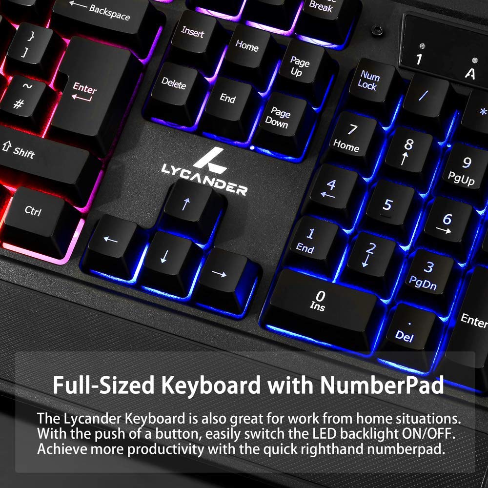 LYCANDER Gaming Keyboard UK, Wired USB Keyboard - 19 anti-ghosting keys, 1.8m cable, rainbow backlight