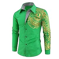 Men's Totem Gold Printed Long Sleeve Shirt Hipster Slim Fit Button Up Party Dress Shirts Gold Shiny Stylish Shirt