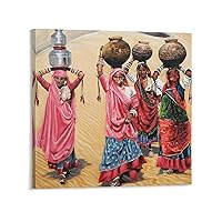 AAHARYA Rajasthani Women Art Poster Canvas Painting Ceramic Women Rajasthani Indian Lady Decoration Gift Canvas Painting Wall Art Poster for Bedroom Living Room Decor 20x20inch(50x50cm) Frame-style