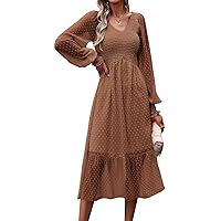 Pretty Garden Womens 2024 Long Sleeve V Neck Swiss Dot Empire Waist Chiffon Ruffle Smocked Midi Dress