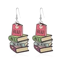 Just Follow Funny Wooden Stackable Book Pencil Earrings Stack of Books Classic Drop Dangle Earrings Librarian Teacher Student Graduation Back to School Jewelry Gifts for Women Girls