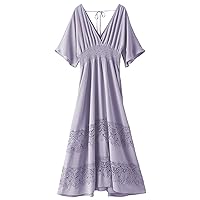 Women's Lace Maxi Dress Short Sleeve V Neck Party Dress Smocked Waist Boho Maxi Dress Bohemian Dress for Women