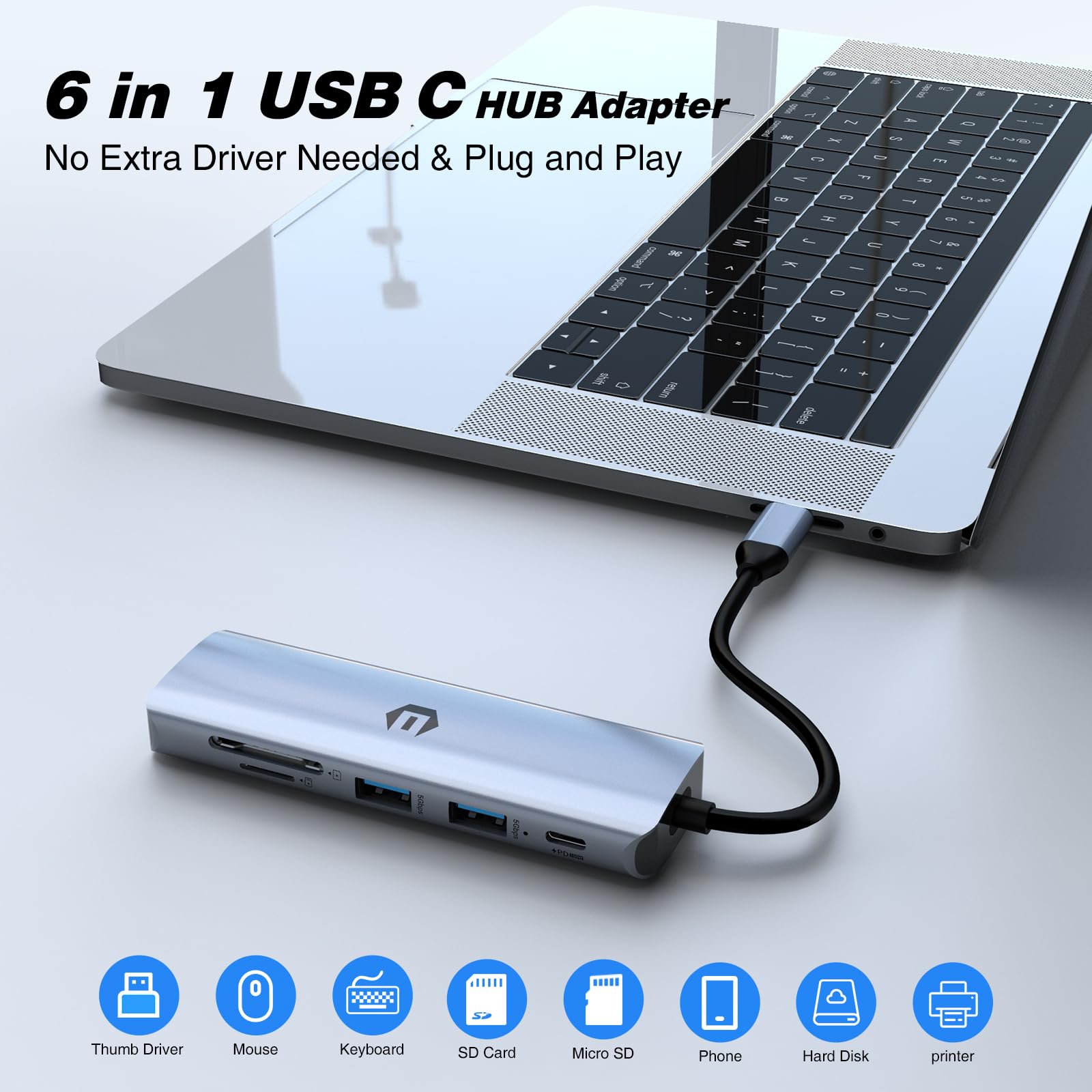 oditton USB C Hub, 6 in 1 Multiport Connector, 4K HDMI, 100W Power Delivery, 3 x USB 3.0, SD/TF Card Reader for Laptops and Mobile Devices, Compatible with USB C Laptops from Dell/HP/Surface