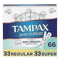 Tampax Pure Cotton Tampons Multi Pack, Contains 100% Organic Cotton Core, Regular/Super Absorbency, unscented, 22 Count x 3 Packs (66 Count total)