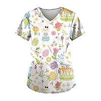 Easter Shirts for Women Nurse Workwear Cute Bunny Graphic Short Sleeve Working Uniform Blouse with Pockets Shirt Tops
