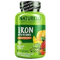 NATURELO Vegan Iron Supplement with Vitamin C and Organic Whole Foods - Gentle Pills for Women & Men w/Iron Deficiency Including Pregnancy, Anemia Diets 90 Mini Capsules
