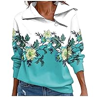 Womens Long Sleeve T Shirts Autumn T-Shirt Loose Pullover Sports Tops Quarter Zip Casual V Neck Printed Top