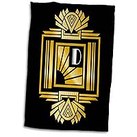 3dRose Art Deco Monogram Letter D- Gold Effect and White on Black Background - Towels (twl-241207-1)