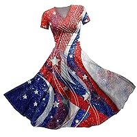 Women 4th of July Dress Patriotic Dress for Women USA Dress Casual Beach V Neck Short Sleeves Maxi Dresses