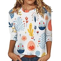 Easter Shirts for Women Tops for Women 2024 Happy Easter Egg Tee Cute Funny Bunny Print Trendy Casual 3/4 Sleeve Tops
