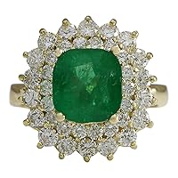 4.34 Carat Natural Green Emerald and Diamond (F-G Color, VS1-VS2 Clarity) 14K Yellow Gold Luxury Engagement Ring for Women Exclusively Handcrafted in USA