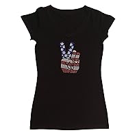 Women's Rhinestone Fitted Tight Snug Shirt 4th of July Hand Peace Sign