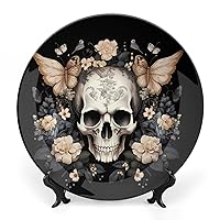 Skull Death Moth and Flowers Bone China Decorative Plate Ceramic Dinner Plates Decorative Plate Crafts for Women Men
